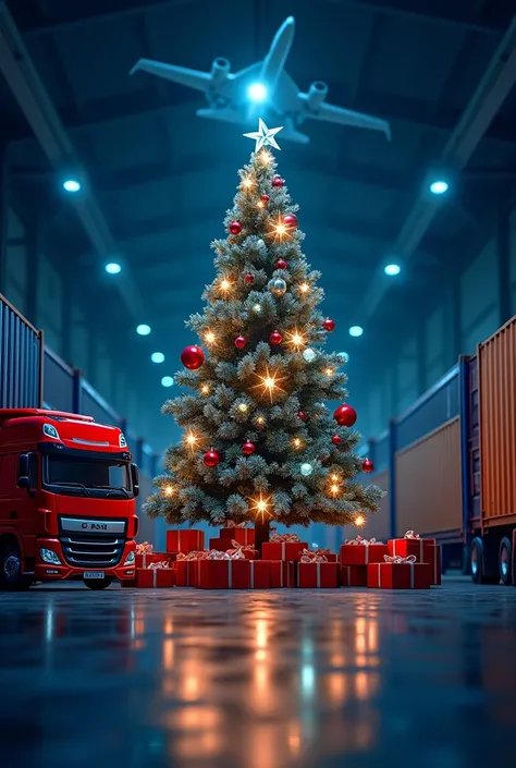 Inside the warehouse of the logistics company Christmas tree made of gift boxes dark blue trucks containers around the Christmas tree planes fly the background dark blue. picture for a logistics company.