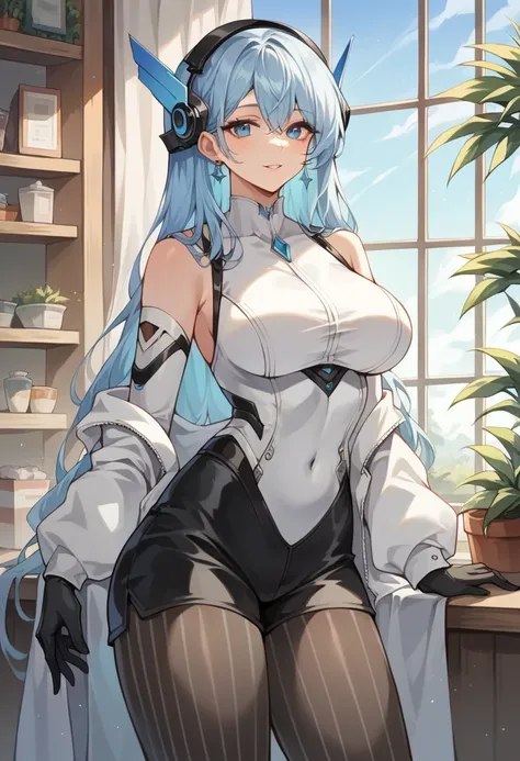 very aesthetic, best quality, nsfw, Very beautiful woman, light blue hair, blue eye, (Very exquisite beautiful face and eyes), hair ornament , head gear, (White Piece Suit, black short shorts, vertical-striped pantyhose , Black gloves, ), front of a shop w...