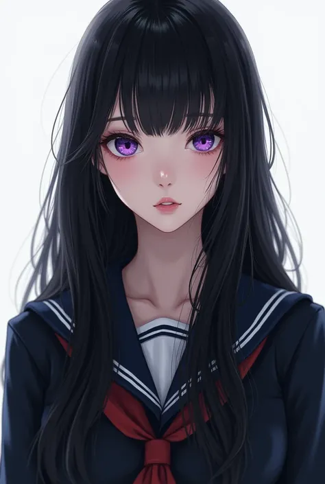  professional photography 、 Female Teenager, Nice face,  black hair, Long as the Night ,  Purple Eyes and Lost Eyes ,  School Uniform and Perfect Face 、 white background 、