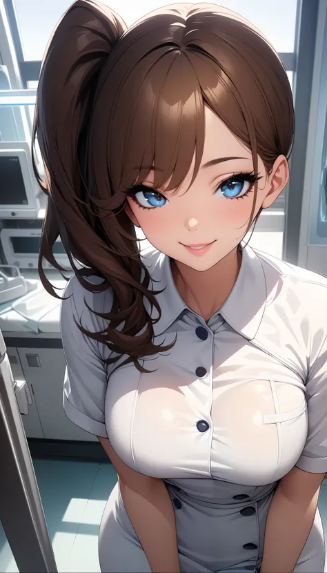 ( top quality :1.2,  very detailed,  high detailed CG illustration ,  soft focus, masterpiece:1.2,  top quality ,  best aesthetics),  one woman, JK, Brown Hair,  side ponytail ,  beautiful eyes,  beautiful lips,  very detailed目と顔,  long eyelashes,  white n...