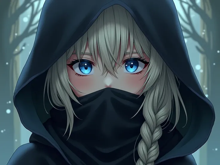 Created a mysterious character  ,  , he wore a dark veil so his face was not exposed. . Blue eyes, golden white hair, single braids, she looks sideways, anime style..