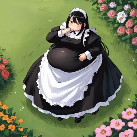 masterpiece,  best quality,Advanced Details,  long black hair ,  One Girl , obesity, Standing in the garden ,  The whole dress completely covers the body.、(black and white long sleeve dress maid clothes with collar gothic)、 high neck shirt、 Long Skirts, fu...