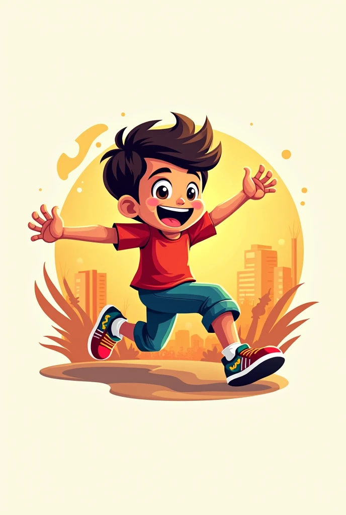 Design a creative logo featuring a cheerful young boy character with an expressive and energetic pose, symbolizing excitement and movement. The Tamil text கடைக்கு போயிட்டுவா பா தம்பி should be prominently incorporated in a bold, stylish Tamil font, complem...