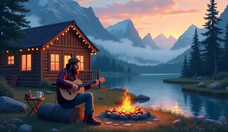 A serene lofi mountain scene at twilight, featuring a cozy cabin nestled among misty, towering mountains. A soft glow emanates from the cabin’s windows and string lights hang from the porch, casting a warm, inviting hue. In the foreground, a rugged, bearde...