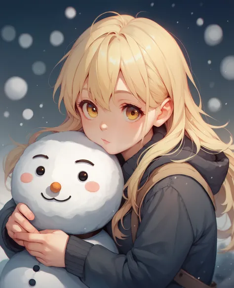 Shiina Mahiru, Girl, Winter background,  The word SLPY is written on the snowman, Lori,  long straight hair, Blonde, Playing with yellow eyes , 