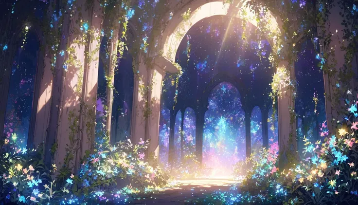 A secret garden hidden behind an archway, glowing with bioluminescent plants and shimmering starlight.