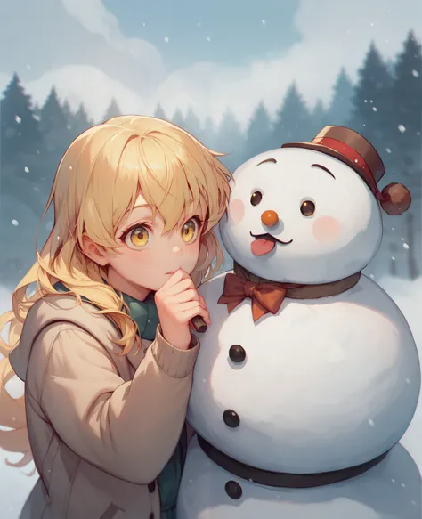 Shiina Mahiru, Girl, Winter background,  The word SLPY is written on the snowman, Lori,  long straight hair, Blonde, Playing with yellow eyes , 