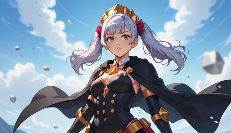 Physical:  She would be a young woman of athletic build and medium height .
hair: Her hair is long and silver, usually collected in two pigtails .
eyes: Her eyes are light blue.
fur: Her skin is fair.
outfit: in the anime,  Noelle usually wears a black dre...