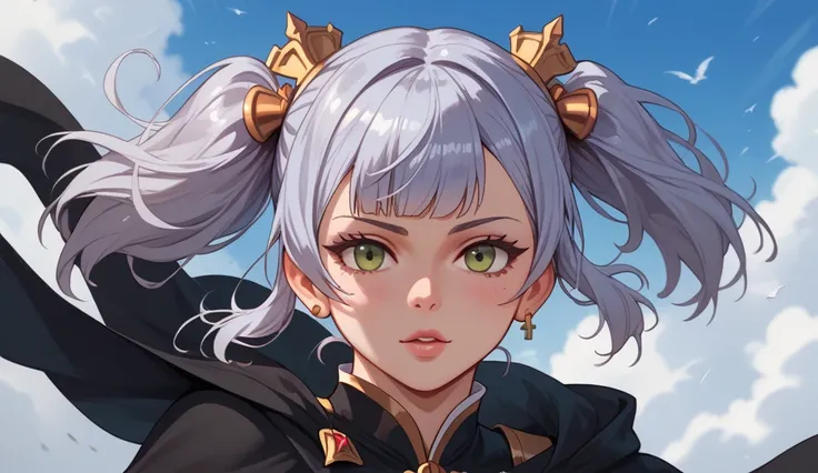 Physical:  She would be a young woman of athletic build and medium height .
hair: Her hair is long and silver, usually collected in two pigtails .
eyes: Her eyes are light blue.
fur: Her skin is fair.
outfit: in the anime,  Noelle usually wears a black dre...