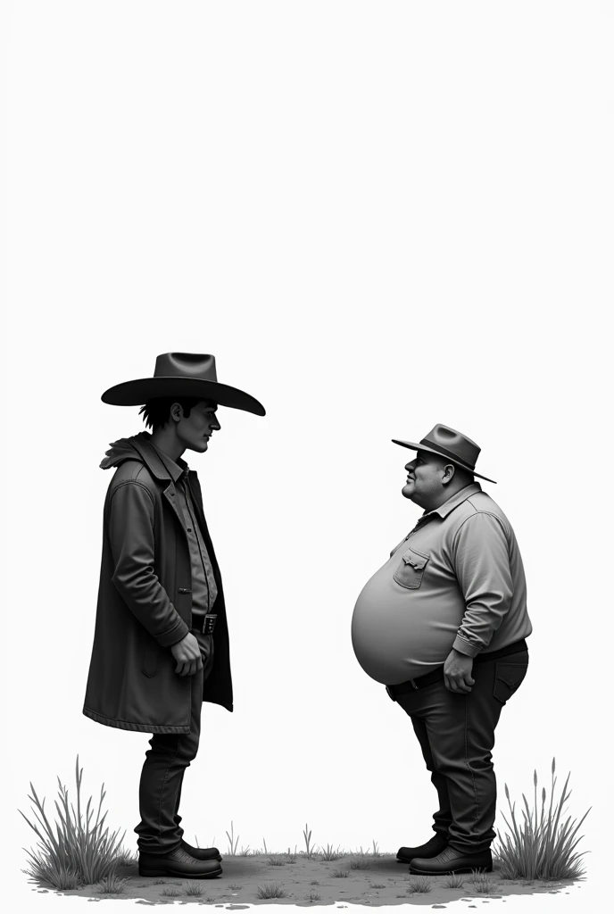 A cartoon side view of a cowboy (wearing a hat and a coat) and a farmer (fat, without a hat) look at each other. Both characters are completely painted in black. Between them is an empty void