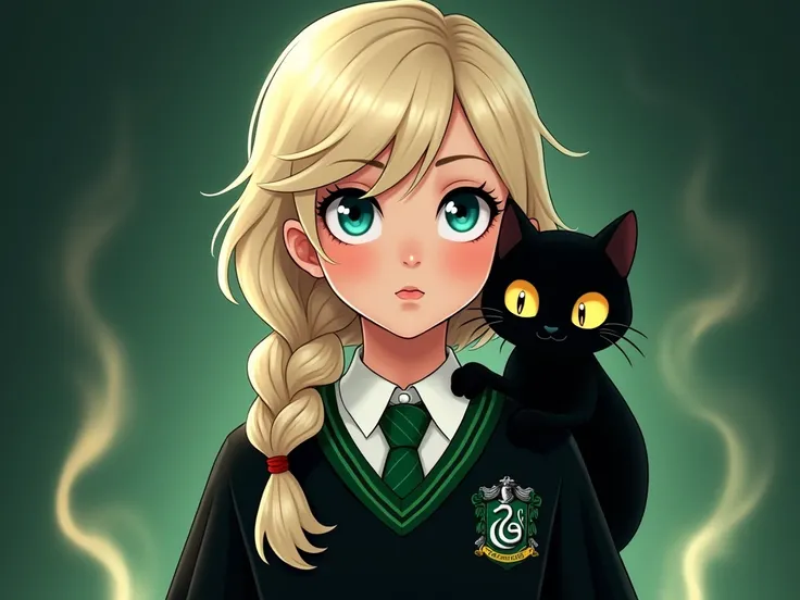 Portrait of a girl with gold white hair, single braid, blue eyes, black dress, green stripe, Slytherin house school dress, Harry Porter theme, mystery, staring and black cat, yellow eyes, on shoulders, cartoon background with glowing smoke