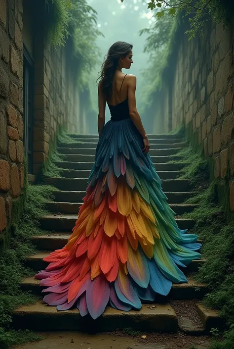 
Draw a picture of a woman standing on mossy, dimly lit stone steps. The woman wears an elegant dress with layers resembling flower petals, each layer transitioning in color smoothly from dark on top to bright colors on the bottom, including shades of red,...