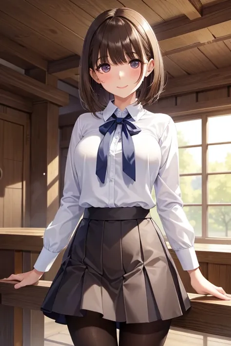 masterpiece、​masterpiece、 top quality 、 beautiful women、 extraordinary beauty、 white shirt、 short skirt、 pantyhose、Shortcut、 dark-haired、意地悪なsmile、 beautiful legs、 1 woman 、 sweaty、blush、 anegasaki nene、 shiny maroon hair,  Shorthair, ( brown pretty eyes )...