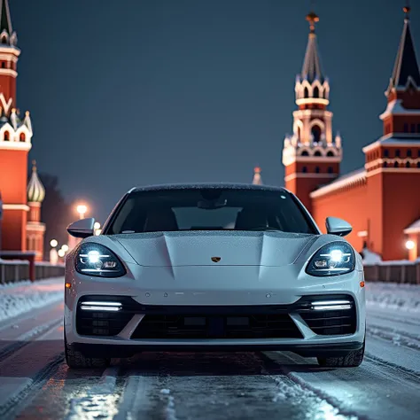 The 2019 Porsche Panamera Turbo  (971)  stands in white against the background of Red Square in Moscow, winter, Night