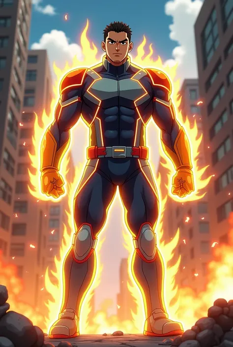 A powerful and determined human male My hero academia anime superhero with a strong, athletic build, exuding resilience and steadfastness. FortiDude stands tall and ready, their stance radiating strength and confidence, as glowing, semi-transparent barrier...