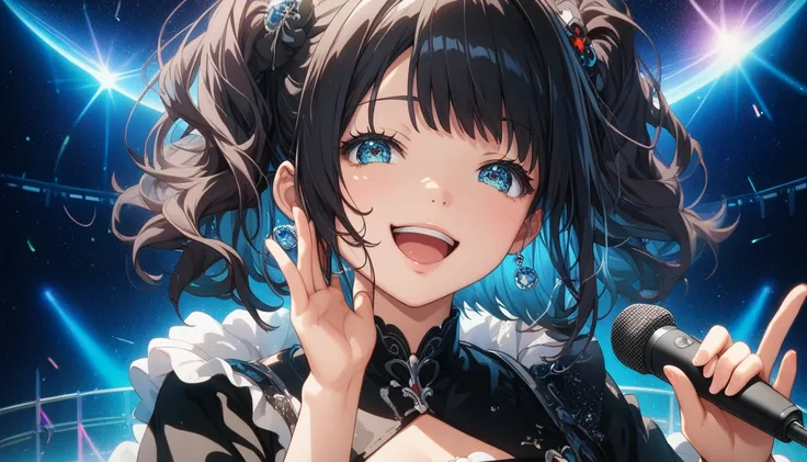 
front pose, close up, A futuristic anime girl singing with short, bob dark black and black shaded hairs,
straight dark black and black shaded hair. anime girl singing, wearing black dress, modern dress, singing gesture and happy expression of face, beauti...