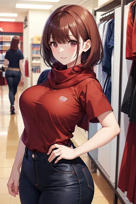 Create girls with medium boobs and big butts in 2D anime style。 red scarf、 blue polo shirt working in a retail store、 black pants、Red coat、anegasaki nene、 shiny maroon hair,  Shorthair, ( brown pretty eyes )、smile、 sparkling eyes , (Fine grain)、 super deta...