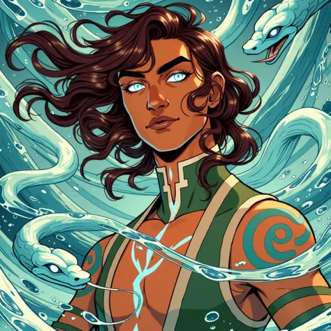 "A transgender man with brown skin, with striking feminine traits,  long, loose hair , designed in the style of The Legend of Korra . He dominates the water in a fluid and powerful pose ,  with shiny marks in the shape of aquatic snakes running through his...