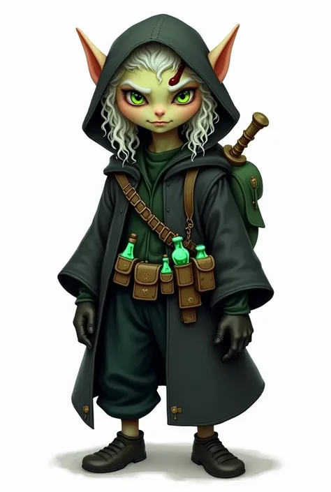 Male Goblins，Green body, Green skin, (solo), (small goblin male), light-green skin, long white curly hair, round black hood, hood up, scar on eye, light-green eyes, black robe, long-sleeve, green undershirt, emerald belt many pouches, thief attire, black l...