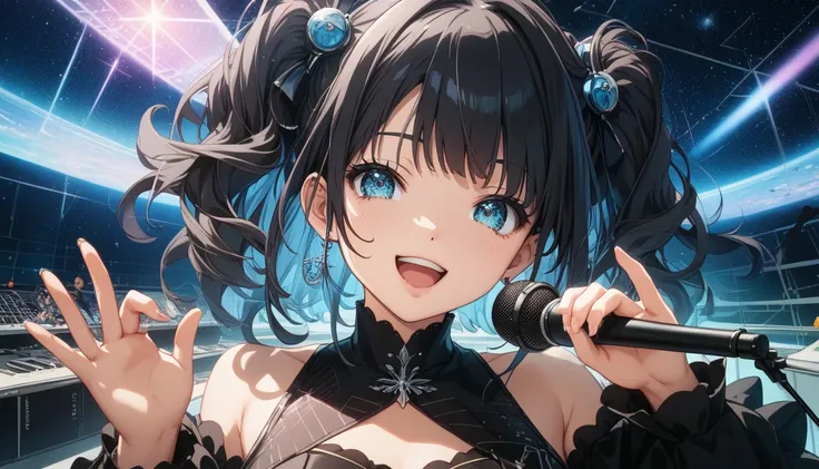 
front pose, close up, A futuristic anime girl singing with short, bob dark black and black shaded hairs,
straight dark black and black shaded hair. anime girl singing, wearing black dress, modern dress, singing gesture and happy expression of face, beauti...