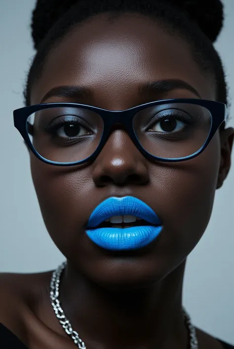 A woman with dark brown skin, big blue lips, and glasses