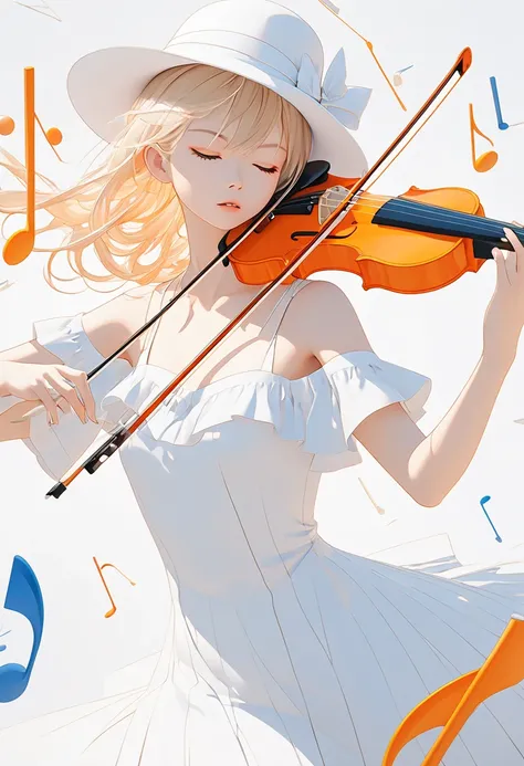 A blond girl in a white hat playing the violin, with colorful notes in the background, in a 3D style, with a minimalistic design, using orange and blue colors, against a white background, in ultra-realistic photography. --ar 71:128 --v 6.1