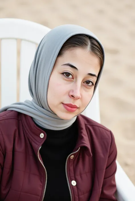 Close-up of a woman. 


She is wearing a maroon colored, quilted jacket, a black turtleneck sweater underneath, and a light gray and white patterned hijab. 


Her expression is neutral, and she is looking directly at the camera. 


The background is slight...