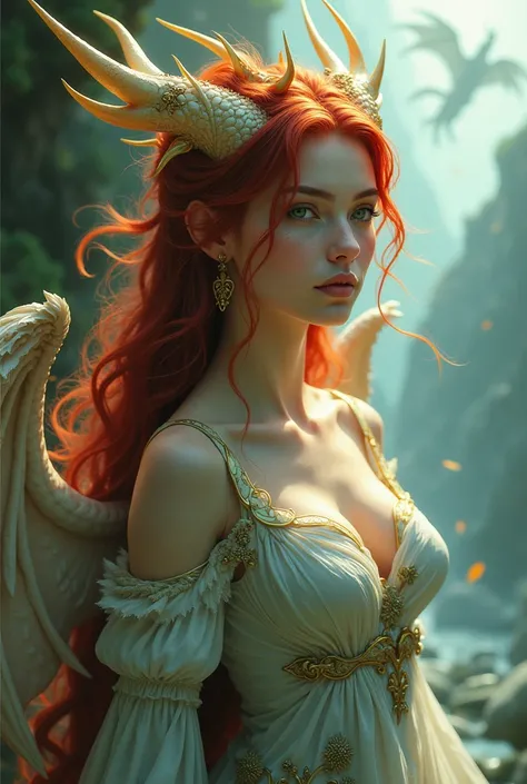 a red-haired girl beautiful hybrid with a dragon