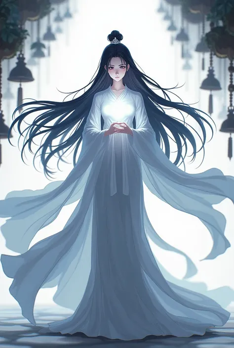 Anime secret ancient goddess wear Vietnamese ao dai long black hair flying in the wind black eye Hand holding a bright white pendant Pure white background Behind there are many hanging bells