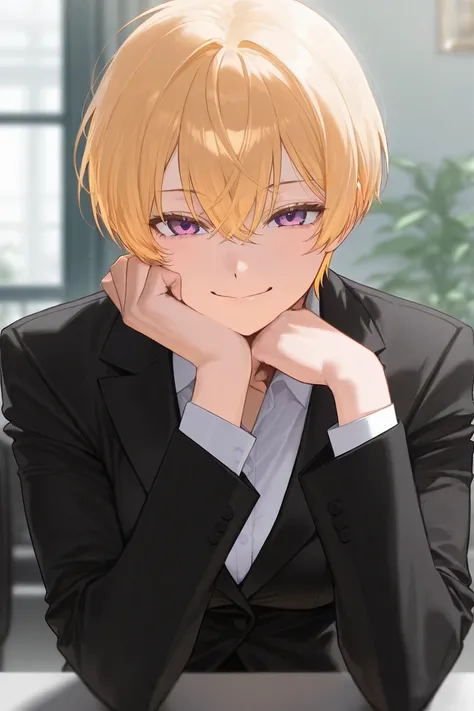 A man with blond hair, purple eyes, and a relaxed smile, short hair, and a mafia suit