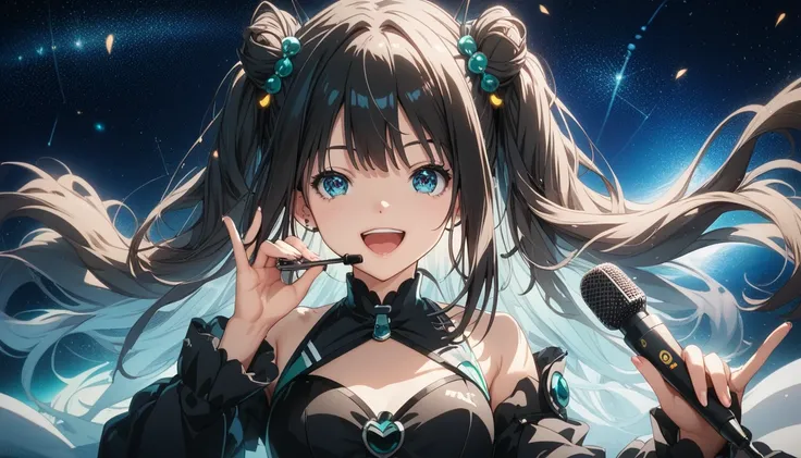 
side front pose, close up, A futuristic anime girl singing with short, bob dark black and black shaded hairs,
straight dark black and black shaded hair, bright shine hairs. anime girl singing, wearing black dress, modern dress, singing gesture and happy e...