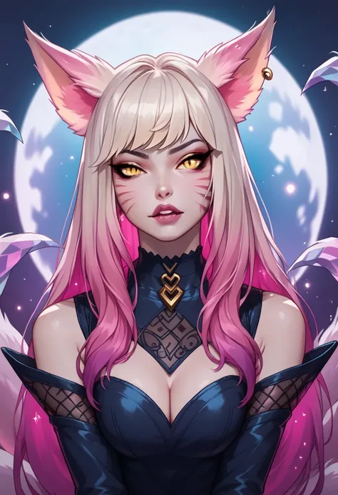  A fusion of the characters Ahri and Evelynn from League of Legends ,  forming a mystical and seductive female figure in a full body .  She has nine ethereal tails with brilliant shades of purple and blue , long hair with black and lilac highlights ,  inte...