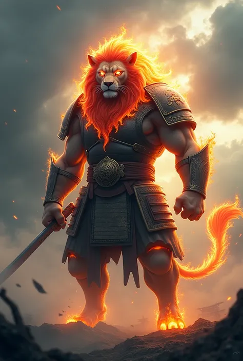 A fusion of a flaming-eyed lion and a samurai warrior on a cloudy day 