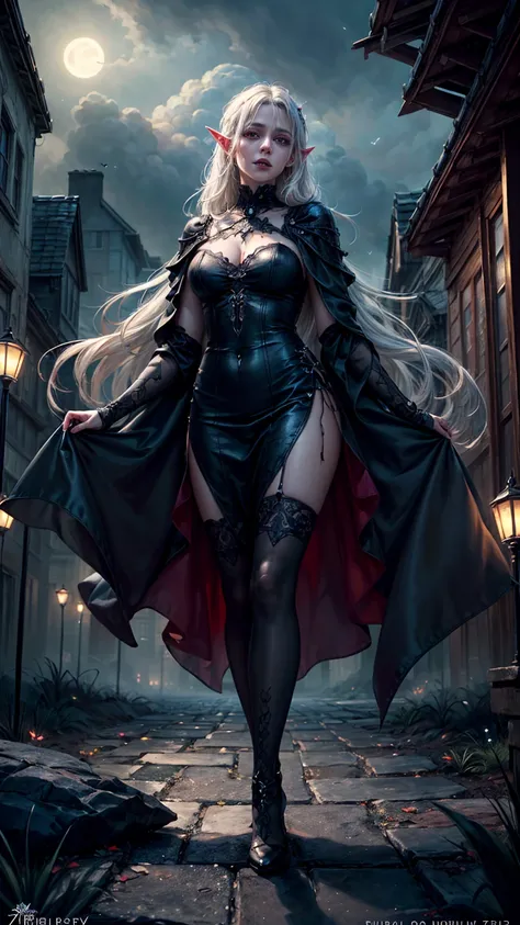 Dark fantasy art, gothic art, (masterpiece:1.5), ultra-high-resolution, 8k. A full-body portrait of a stunning vampire elf with a delicate and ultra-feminine appearance. She has long, flowing, curvy white hair and piercing red eyes, her sharp vampiric fang...