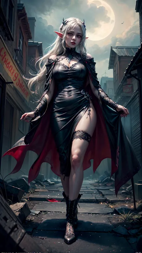 Dark fantasy art, gothic art, (masterpiece:1.5), ultra-high-resolution, 8k. A full-body portrait of a stunning vampire elf with a delicate and ultra-feminine appearance. She has long, flowing, curvy white hair and piercing red eyes, her sharp vampiric fang...