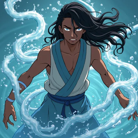 "A transgender man with brown skin, with striking feminine traits,  long, loose hair , designed in the style of The Legend of Korra . He dominates the water in a fluid and powerful pose ,  with shiny marks in the shape of aquatic snakes running through his...