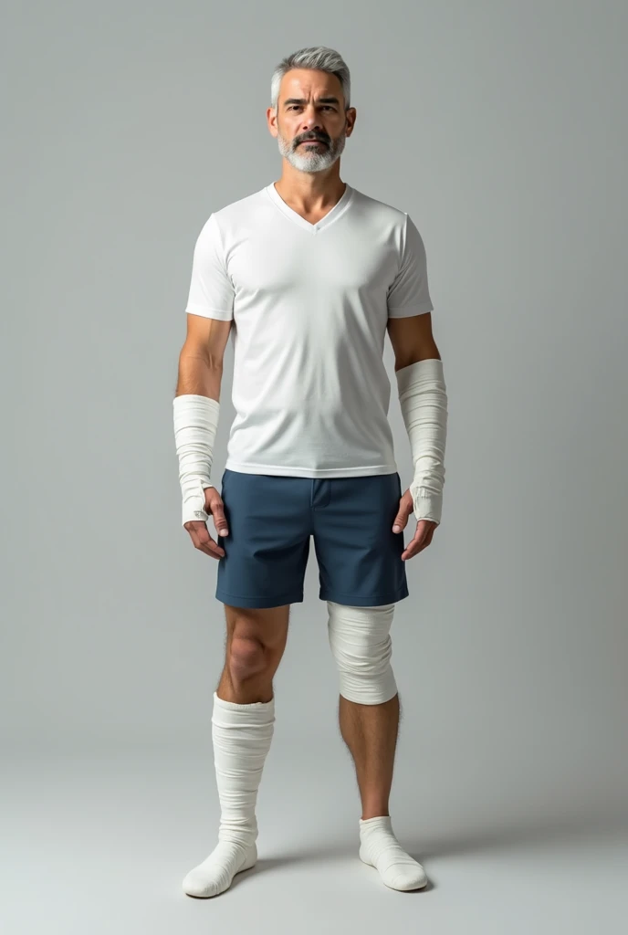 A men standing right elbow plaster and left knee fixing with plaster.