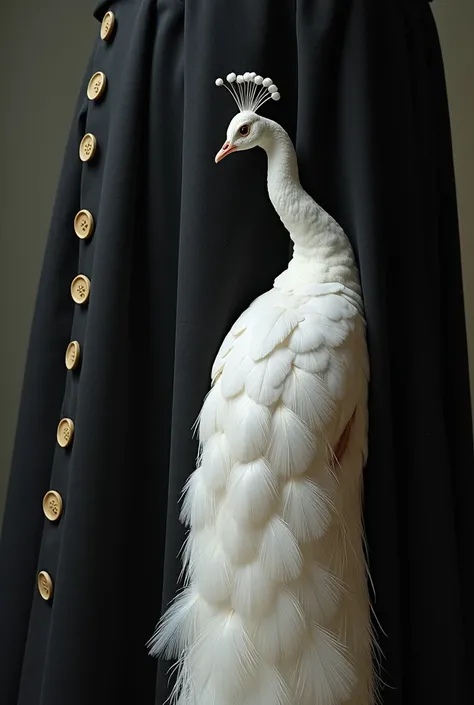 A white peacock on a black cloth, which is moving from the hem of his clothes to the waist, which has round buttons on the hem of the clothes and these buttons are on both the front and back sides, and the peacocks feathers are also round in the buttons of...