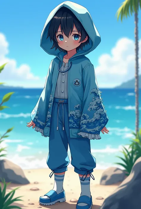 Anime, boy, blackhair, sea_shirt, sea_hood, sea_pants, sea_socks