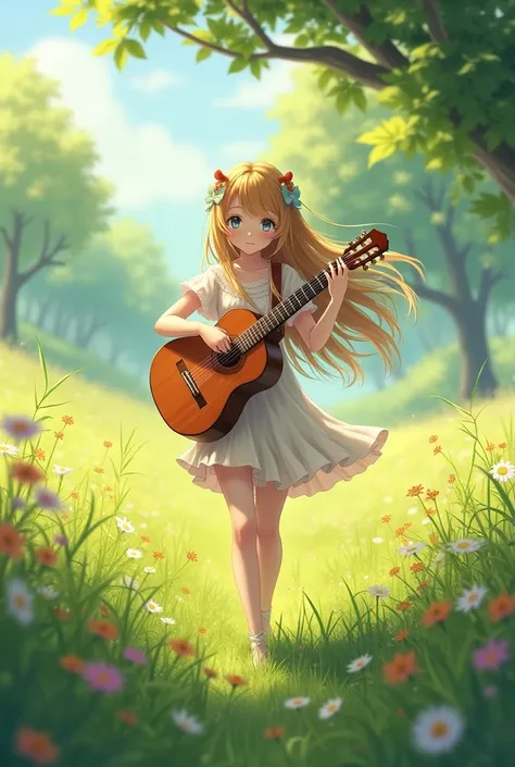 anime girl walking in the field and playing guitar