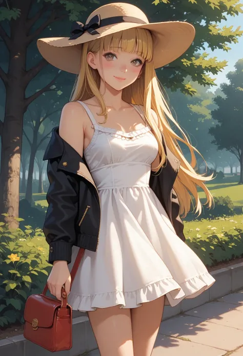 Score_9, score_8_up, score_7_up, score_6_up, source_anime, rating:general, 1girl, golden blonde hair, pale skin, long hair, hime cut, grey eyes, shy smile, blush, lip gloss, sundress, jacket, hat, shoulder bag, medium sized breasts, slender legs, perfect l...