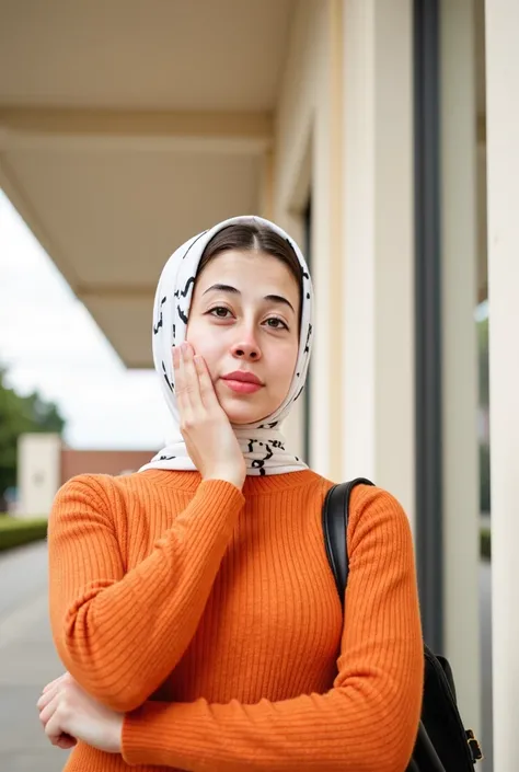 A young woman, likely a teenager or young adult, is seen from the mid-chest up. She is wearing a vibrant orange, textured, knitted sweater with a crew neckline. 


Her head is covered by a white hijab with a black and white pattern. The pattern appears to ...