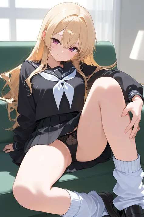 Blonde　 black panties　　 black loose socks　 high school girl　Black uniform　　Heart in hands