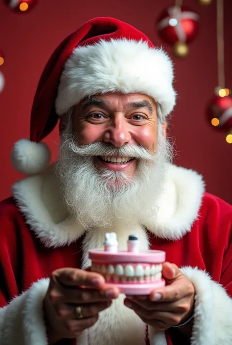 Create an image of a modern and cheerful Santa Claus ,  with an impeccable smile showing white and aligned teeth .  He is holding an orthodontic appliance model in one hand and , in the other,  a bag of items related to aesthetics and health , como uma Bei...