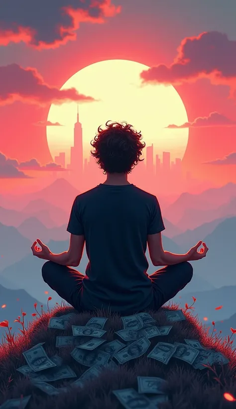 a poster of a man with his back sitting on his back on the top of a mountain made of money meditating in natural, with black wavy hair and a basic black t-shirt and in the background a distant city with some tall and faint buildings. beautiful movie poster...