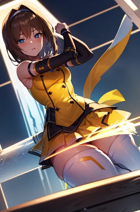 (ultra extreme details),(masterpeace),(hyper extreme),(Photorealistic),CG,(colours:1.2), Beautiful lighting,Light from the front, Solo,takamori_Haruka,Blue eyes,Brown hair,shairband,Yellow dress, white thighhighs, White skirt, Black slit sleeves,