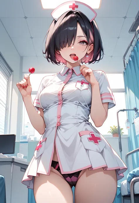 ((masterpiece, best quality, ultra detailed, high resolution, detailed facial description)), (1 girl, solo), (nurse uniform, nurse costume), (black costume:1.3), (short hair, hair over one eye:1.3), (black hair, pink inner color hair:1.3), (black lace pink...