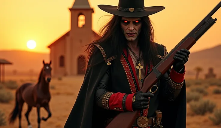 "A vampire man with a zombie face, glowing red eyes, and extremely sexy, flowing black hair, standing in a deserted Western-style town at sunset. He is wearing a Van Helsing-inspired hat and Templar-style clothing, predominantly black and red with intricat...