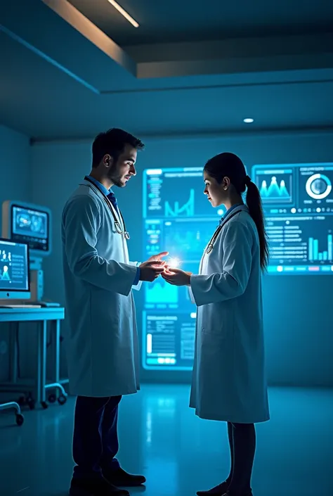 Create a professional and visually engaging image that represents the transformative role of AI in healthcare technology. The image should feature a combination of elements like a doctor and a patient interacting through digital devices, with AI-driven too...