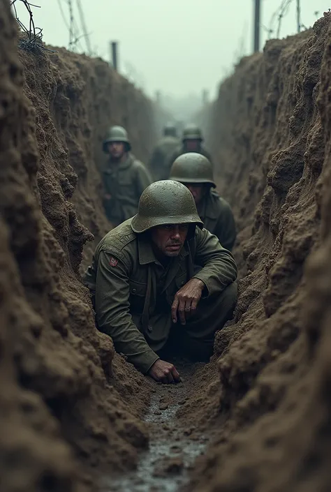 trench, surrounded by mud and barbed wire